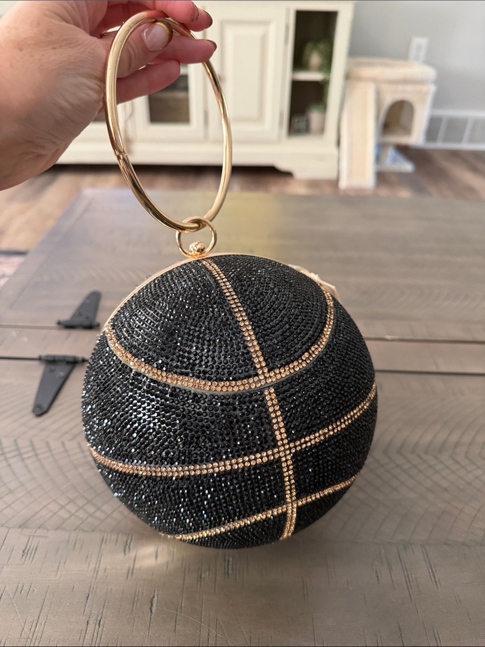 Crystal-Embellished Black & Gold Basketball Wristlet Clutch